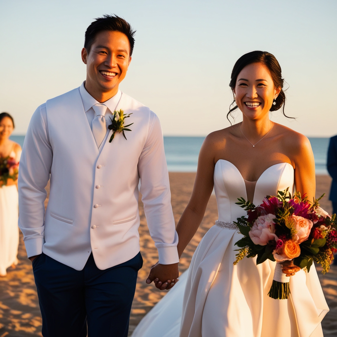 Casal sorrindo após trocar alianças
