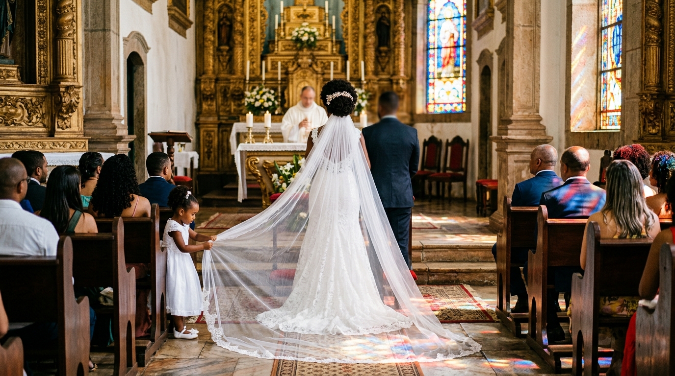 Criança puxando véu da noiva com cabelo cacheado na igreja católica de Minas Gerais