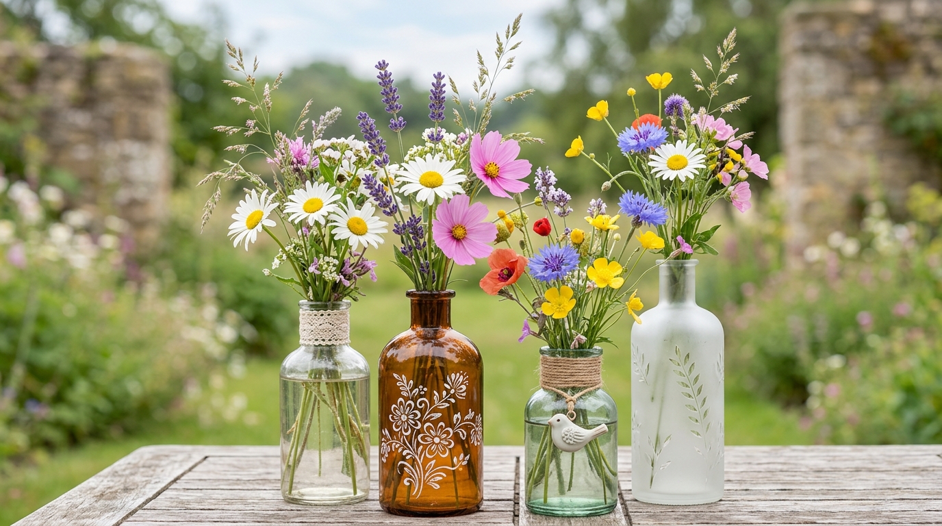 Arranjo de flores silvestres em garrafas de vidro decoradas