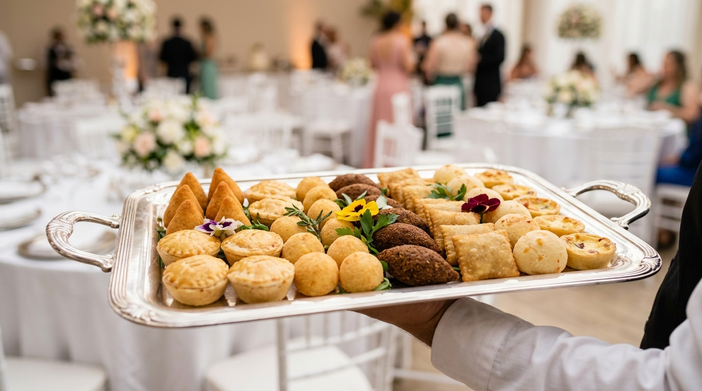 Bandeja com salgadinhos e finger foods de casamento