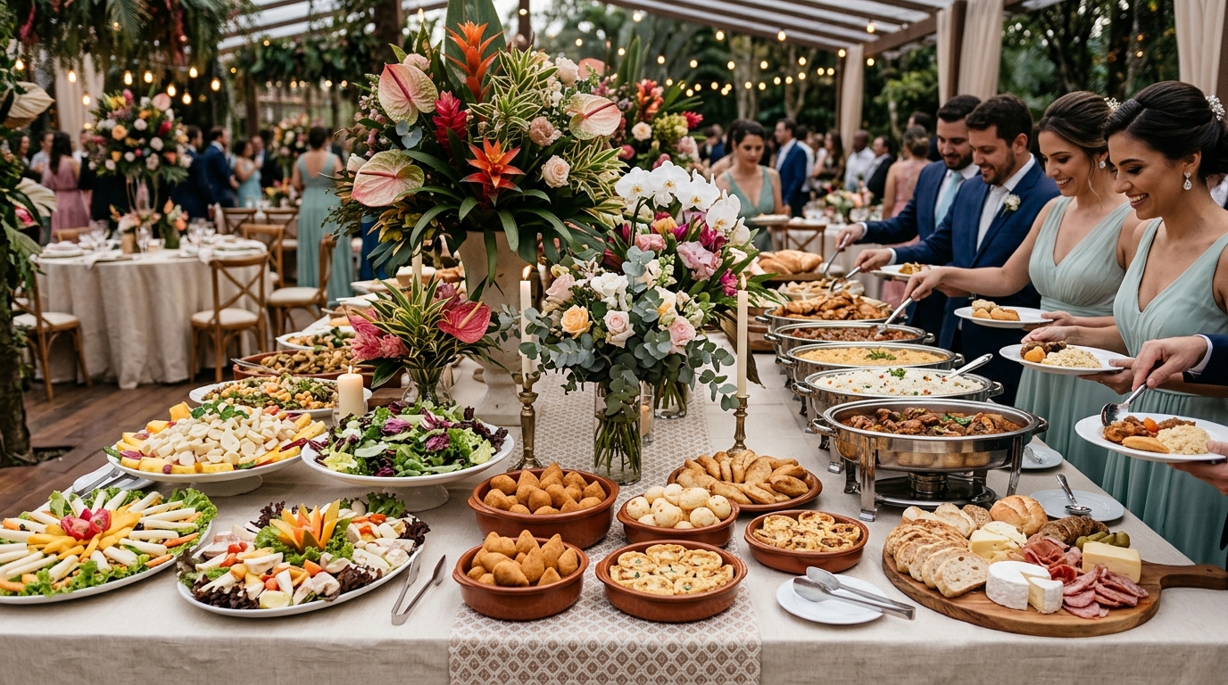 Buffet de casamento com comida servida em mesa farta