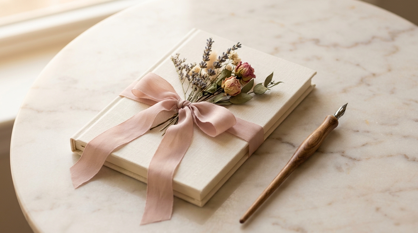 Caderno elegante de lista de convidados com flores secas