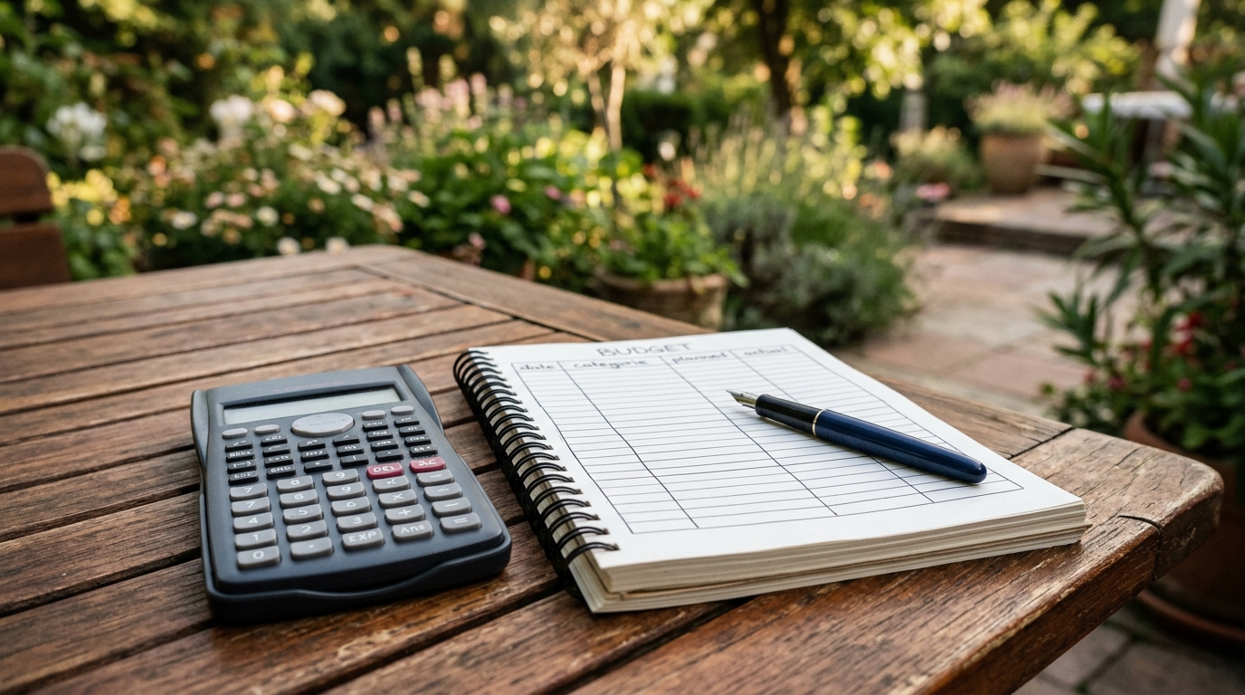 Calculadora e planilha de orçamento sobre mesa de madeira