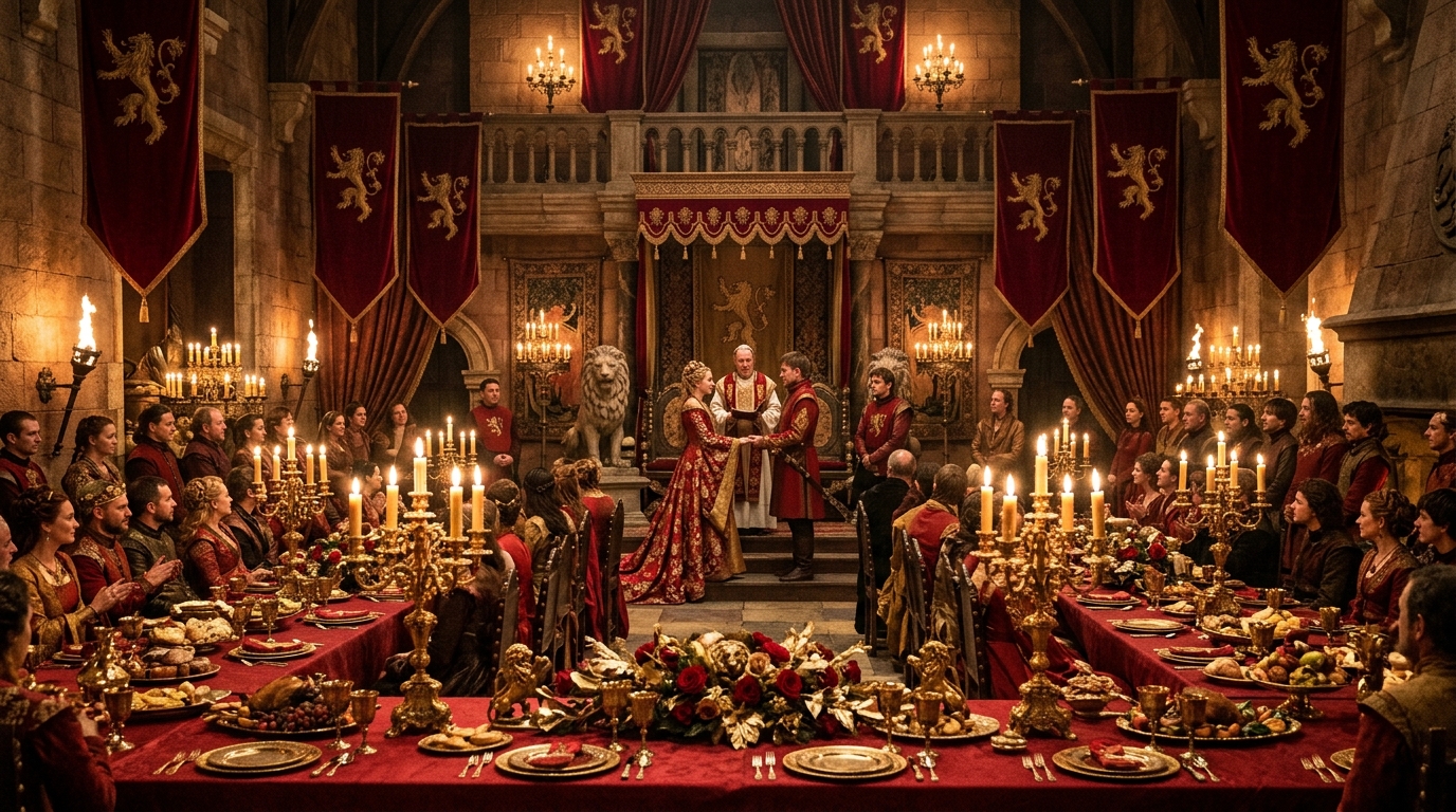 Casa Lannister: Opte por vermelho e dourado. Incorpore detalhes luxuosos e candelabros.