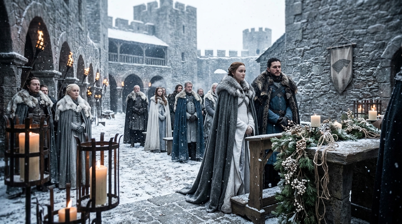 Casa Stark: Use tons de cinza, branco e azul. Adicione peles falsas e elementos rústicos.