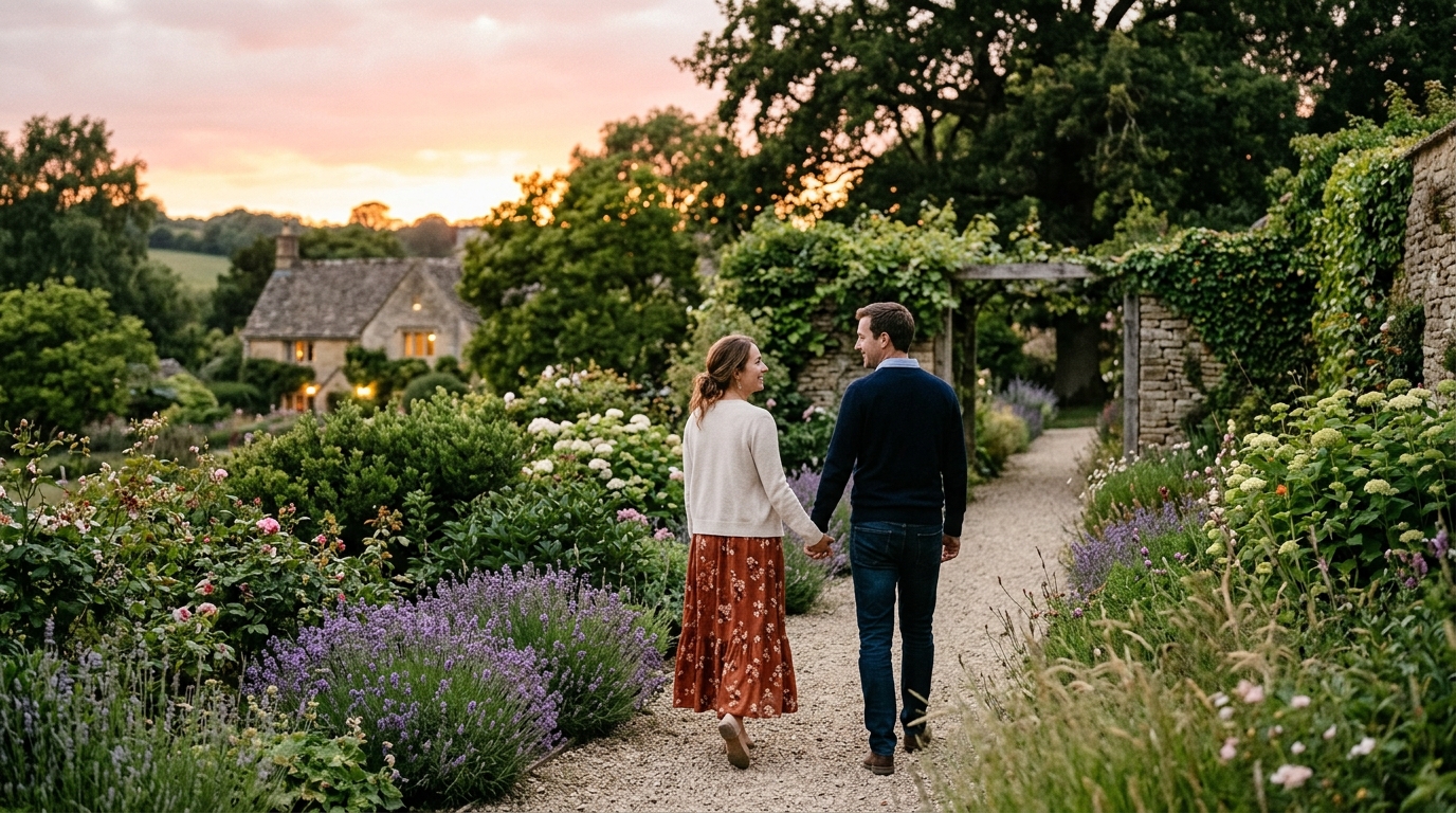 Casal caminhando por jardim de sítio ao entardecer