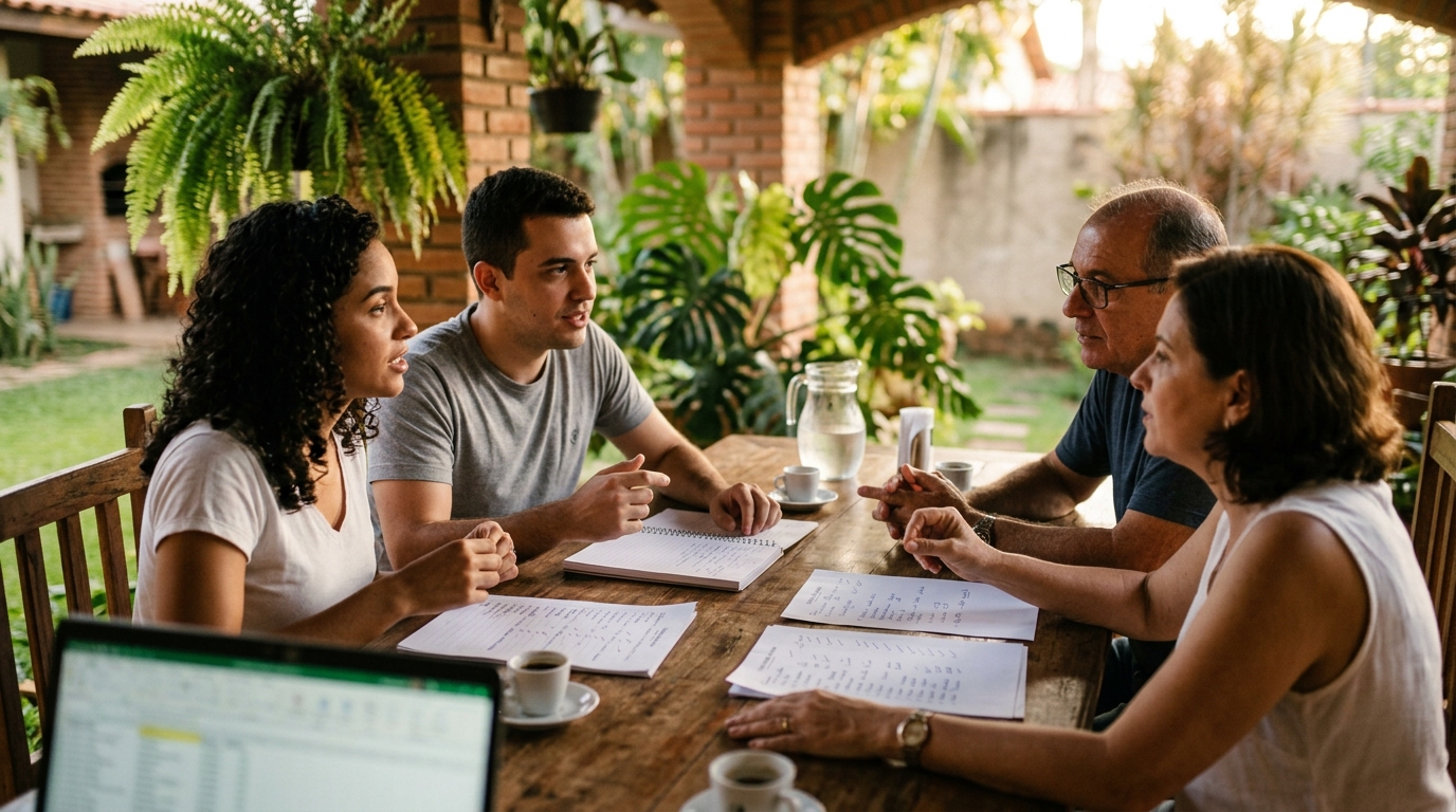 Casal conversando com pais sobre lista de convidados de casamento