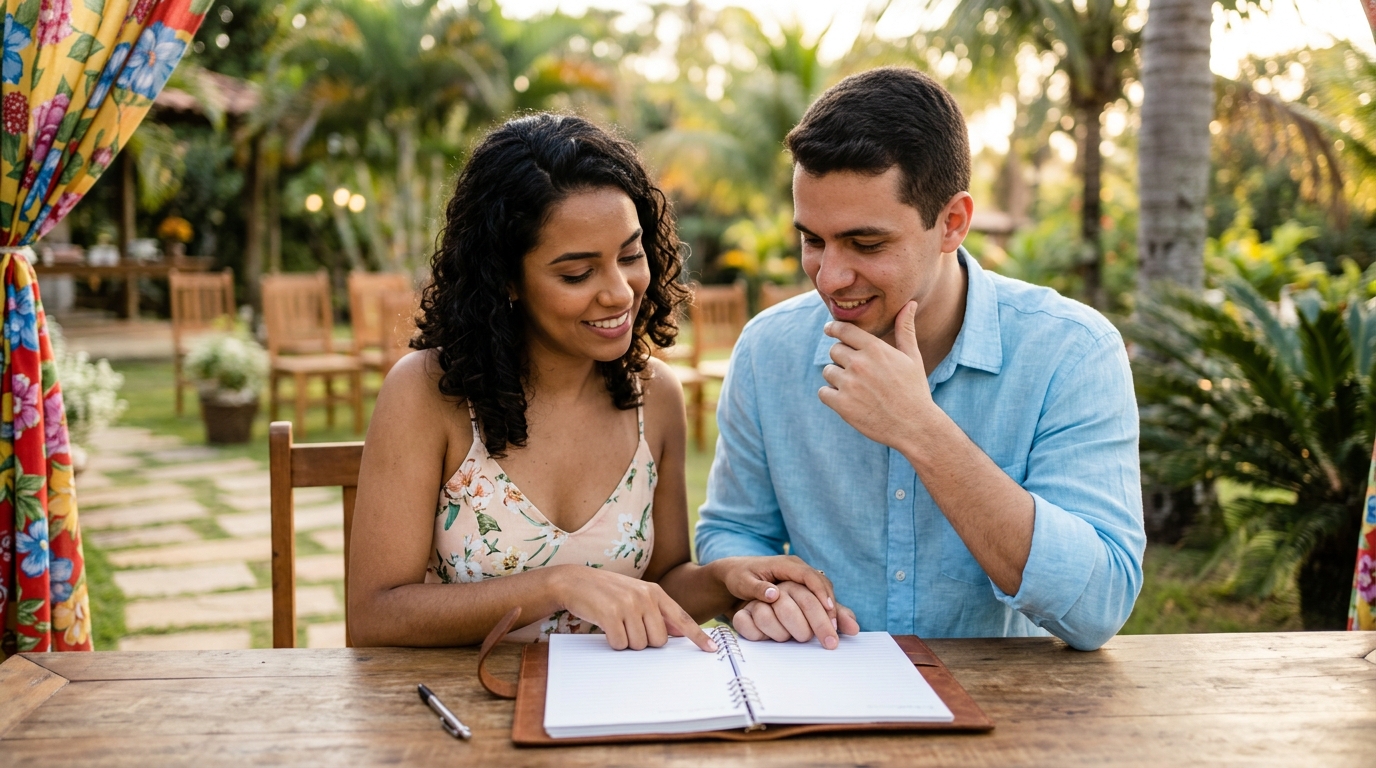 Casal debatendo lista de convidados de casamento em notebook