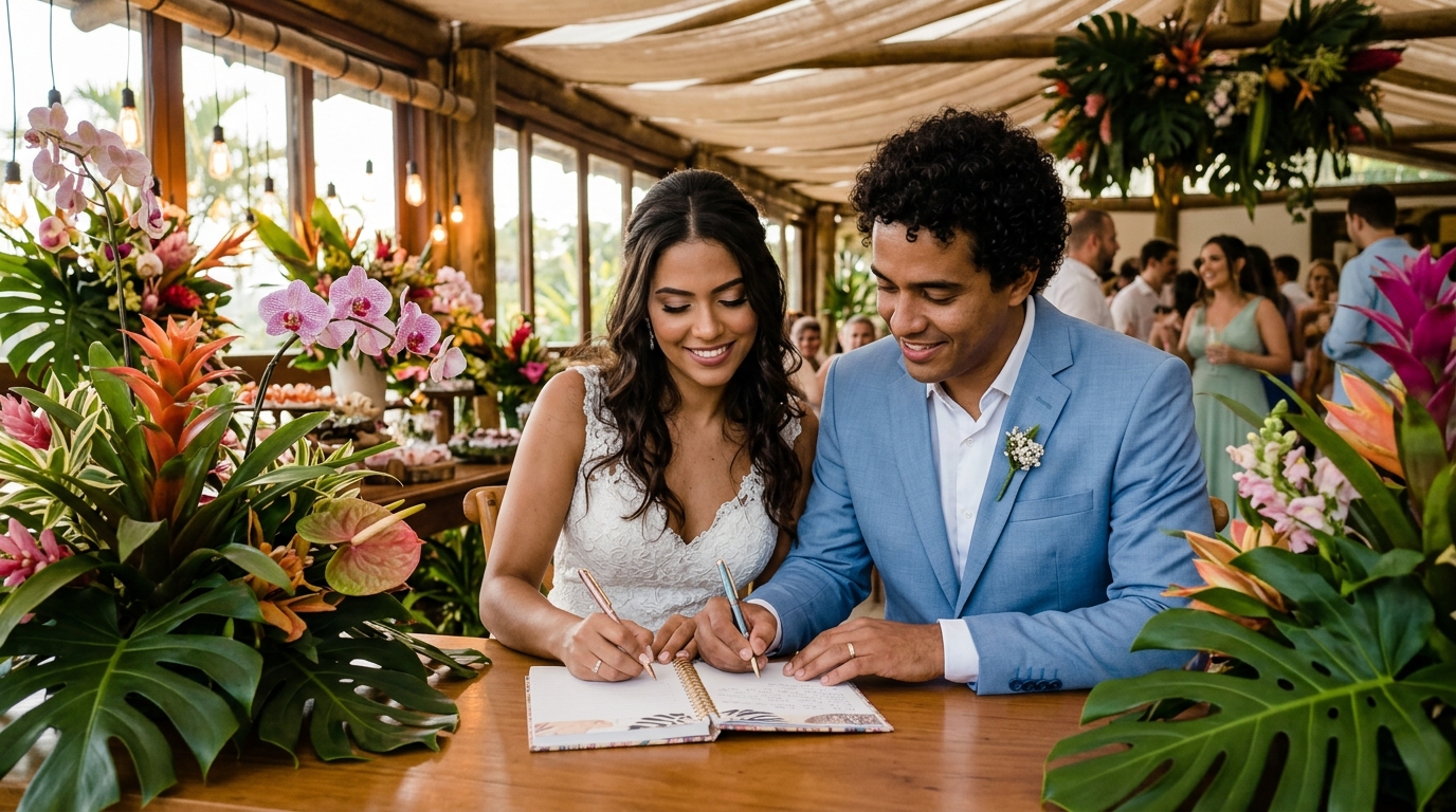 Casal escrevendo mensagem para convidados sobre lista de casamento