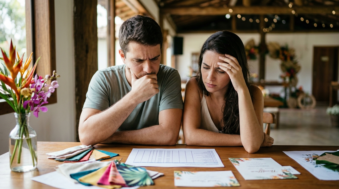 Casal observando planilha de gastos com expressão preocupada