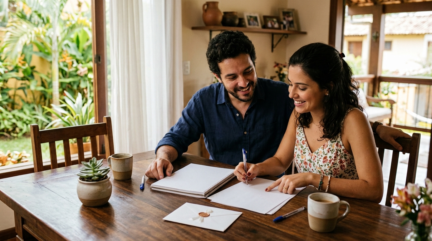 Casal revisando lista de convidados de casamento em mesa de jantar
