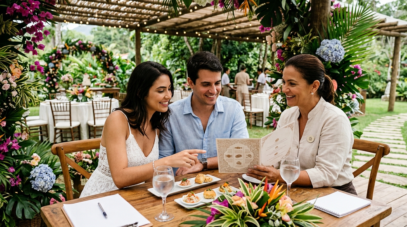 Casal revisando o cardápio do casamento com fornecedor de buffet