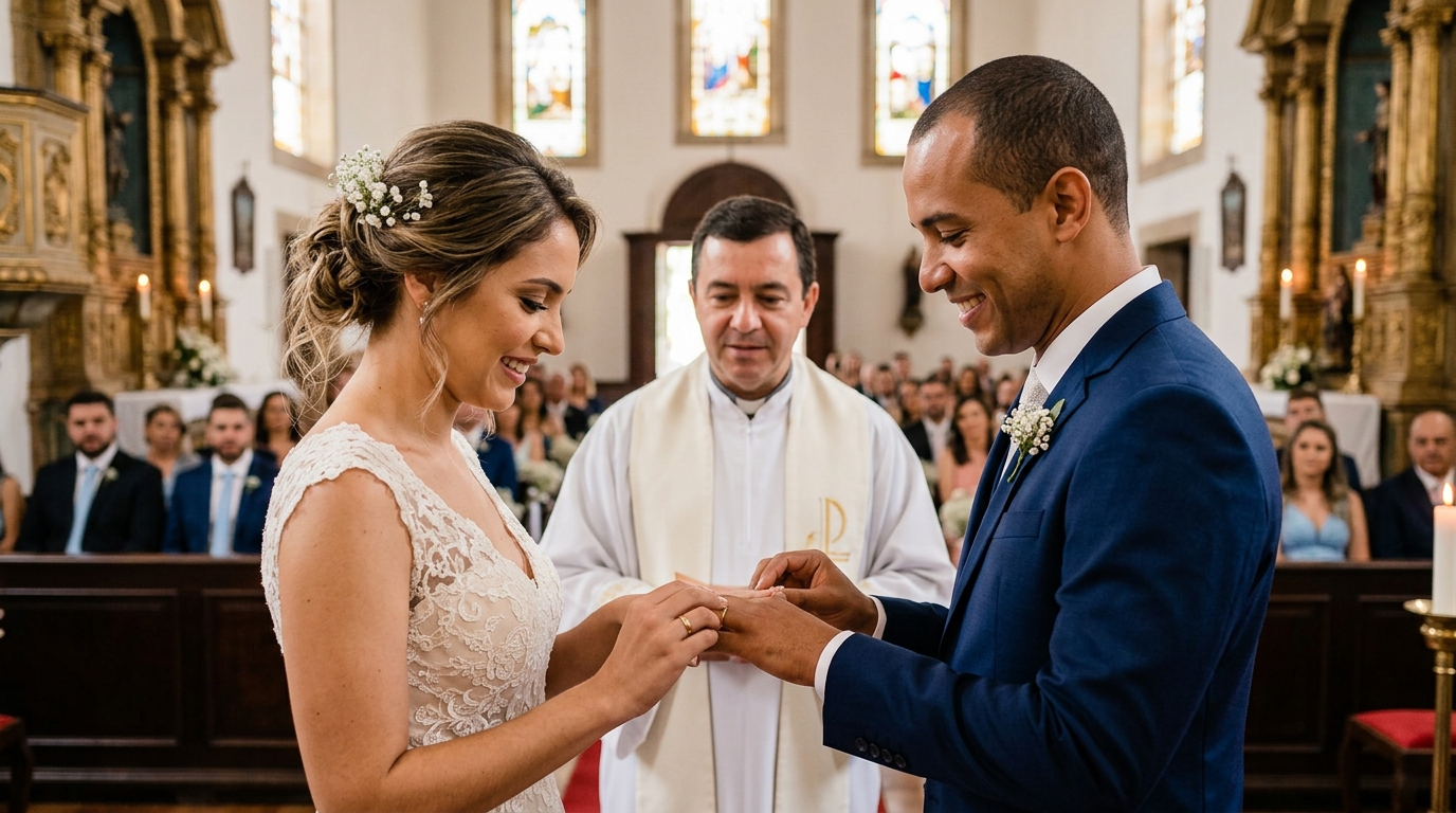 Casal trocando alianças em cerimônia de casamento na igreja