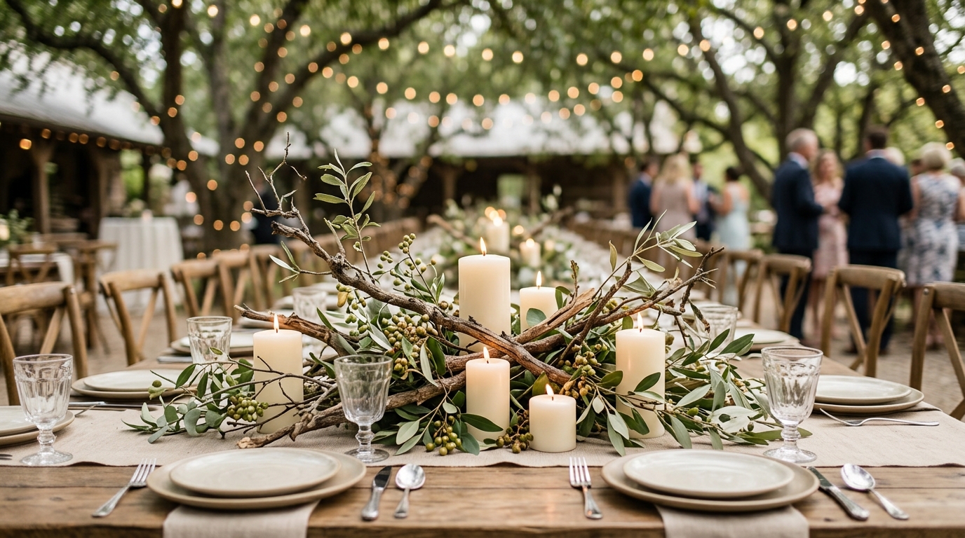 Centro de mesa com galhos, folhas e velas em casamento rústico