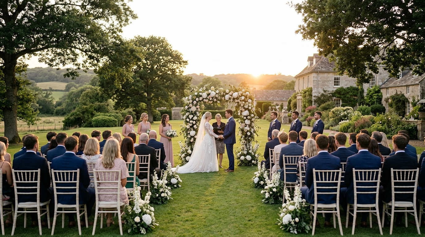 Cerimônia de casamento ao pôr do sol em sítio