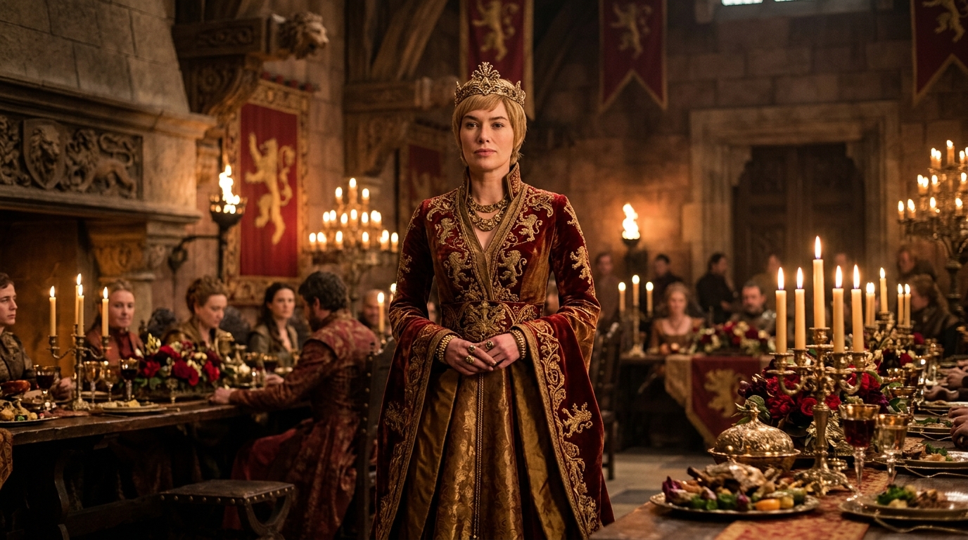 Cersei Lannister: Vestidos luxuosos em tons de vermelho e dourado, com acessórios que simbolizam poder.