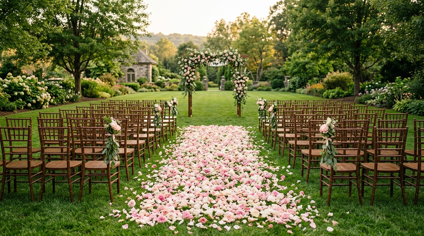Corredor de casamento coberto por pétalas de rosas em gramado