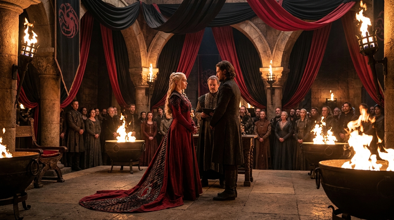 Daenerys Targaryen: Vestidos longos com detalhes em escamas e cores que remetem ao dragão.