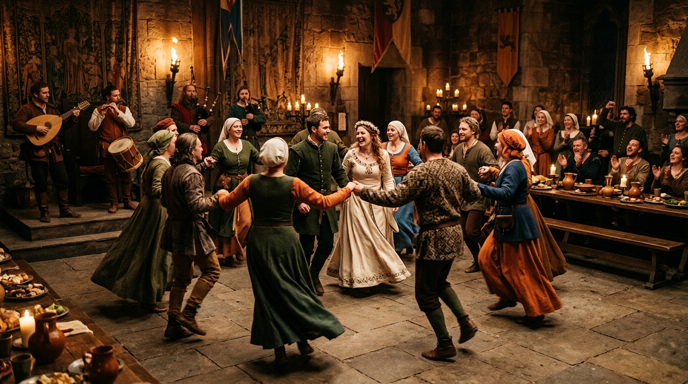 Danças Tradicionais: Inclua danças folclóricas que remetam ao estilo medieval, como a “Gigue” ou a “Sarabande”.