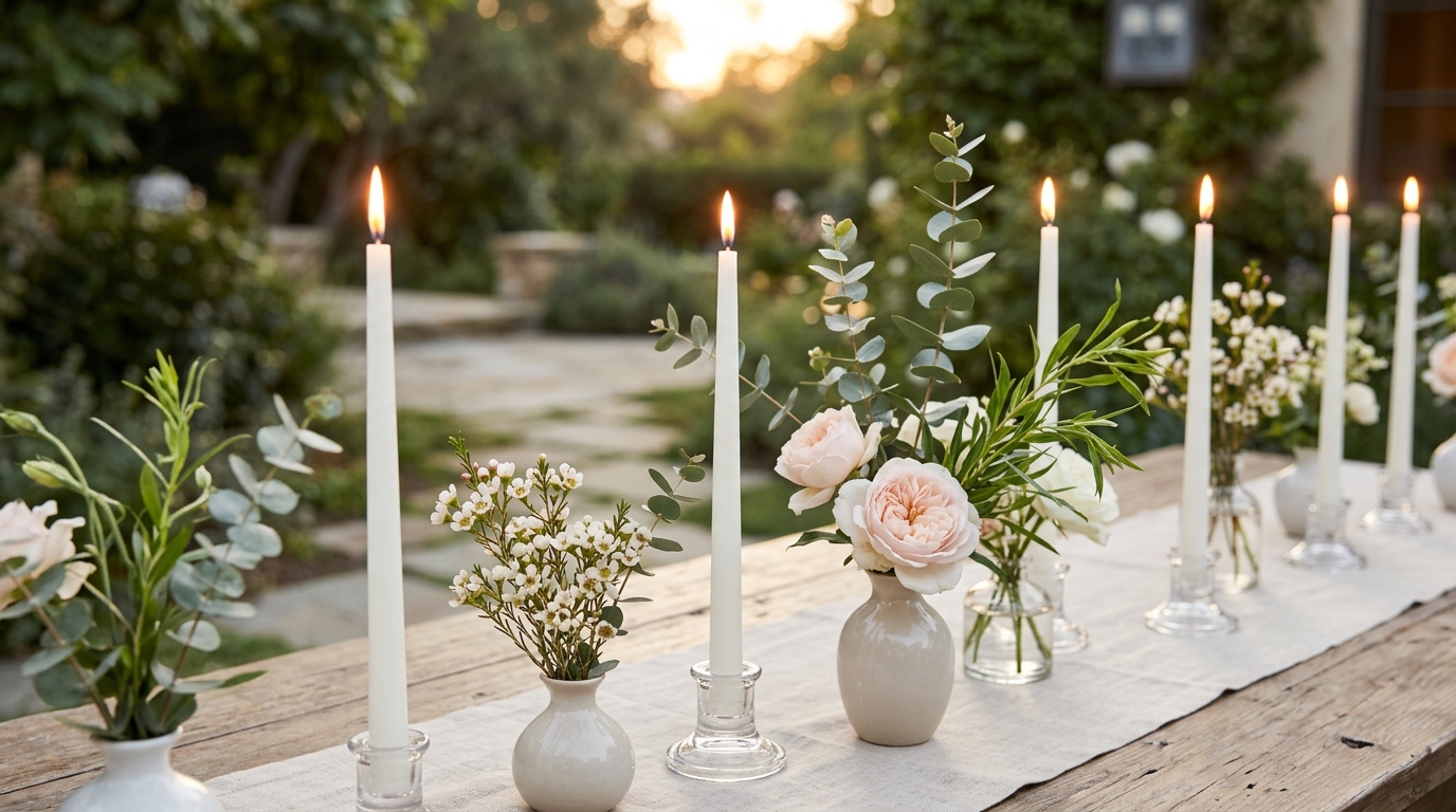 Decoração minimalista com velas e flores da estação