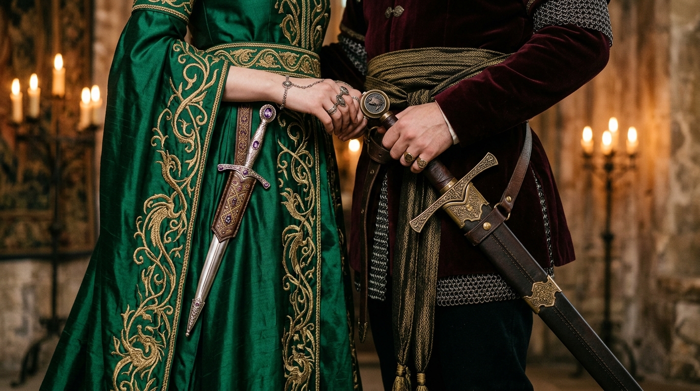 Espadas e outros itens icônicos que podem ser usados como parte do traje.