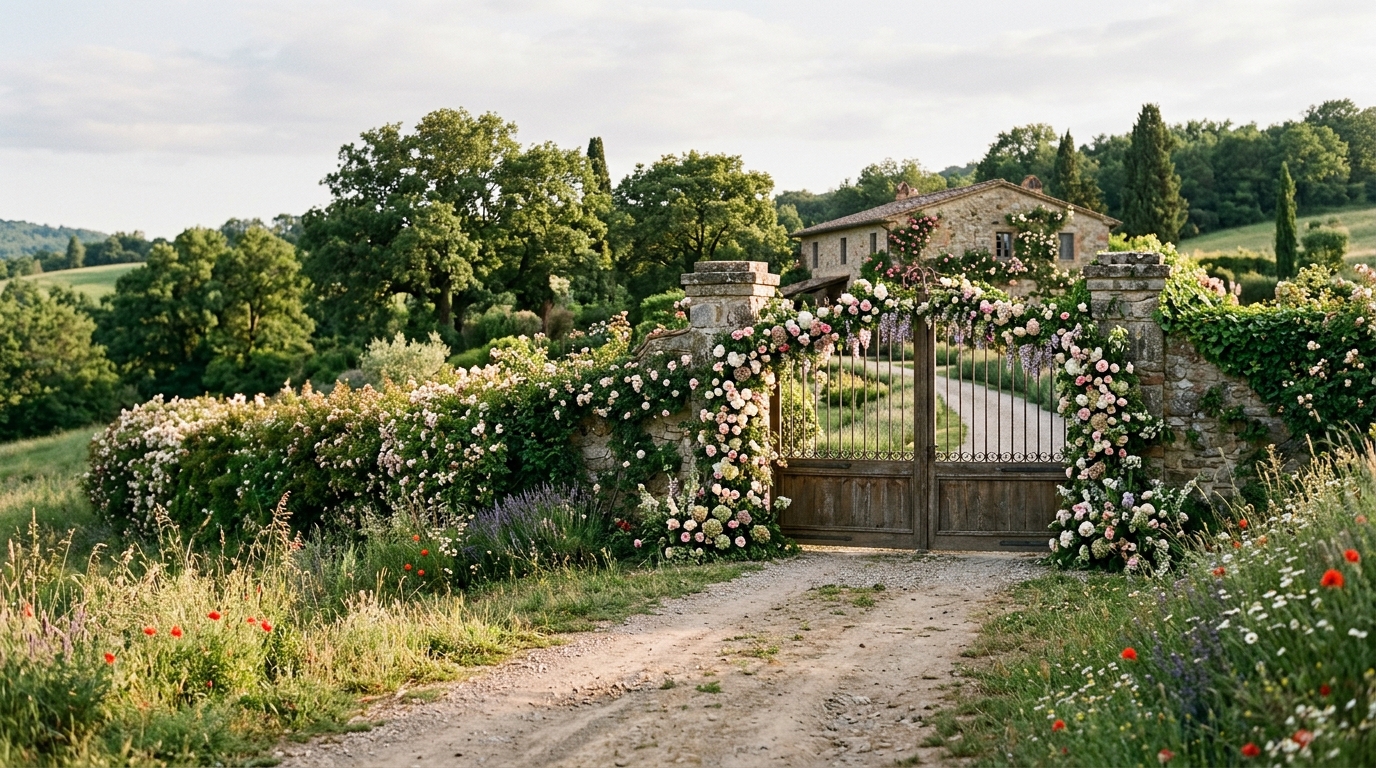 Estrada de terra levando a portão de sítio decorado com flores