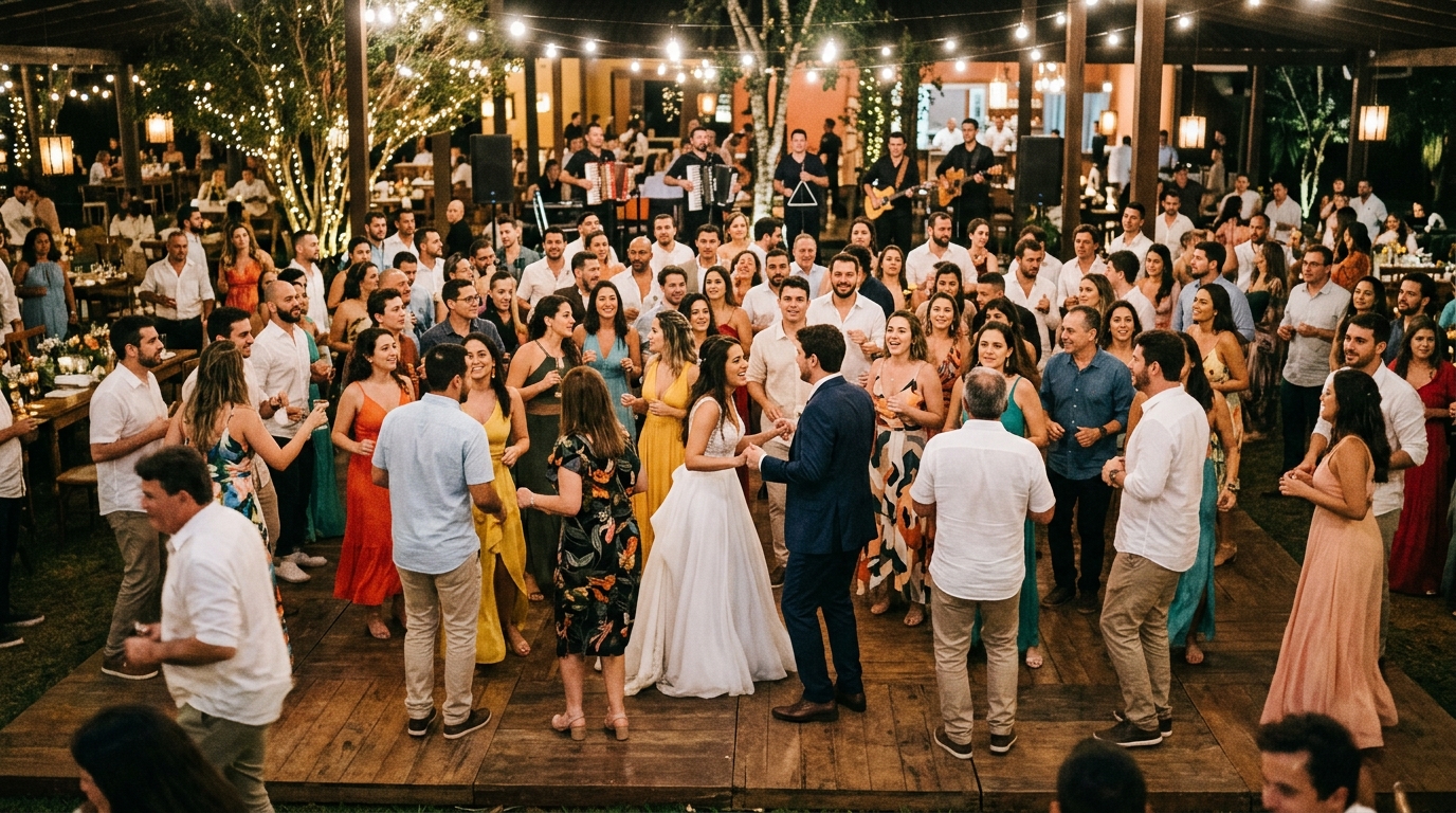 Festa de casamento longa com convidados na pista de dança