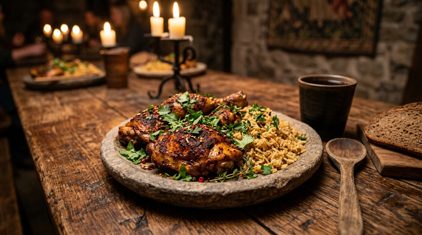 Frango ao Estilo Dothraki: Tempere pedaços de frango com especiarias e asse até dourar. Sirva com arroz e ervas frescas.
