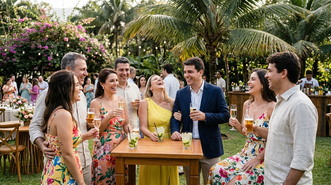 Grupo de convidados de casamento com bebidas e risadas