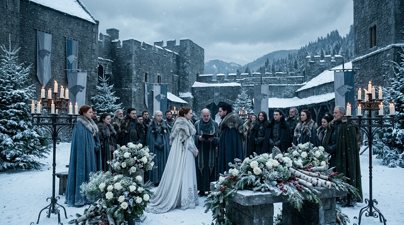 Jardim de Inverno: Se o casamento for ao ar livre, decore com flores brancas e elementos de inverno, representando a beleza de Winterfell.