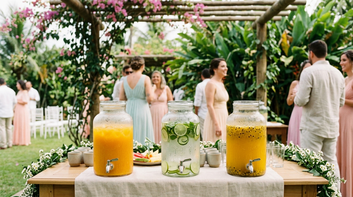 Jarras de sucos naturais e água aromatizada em casamento matinal