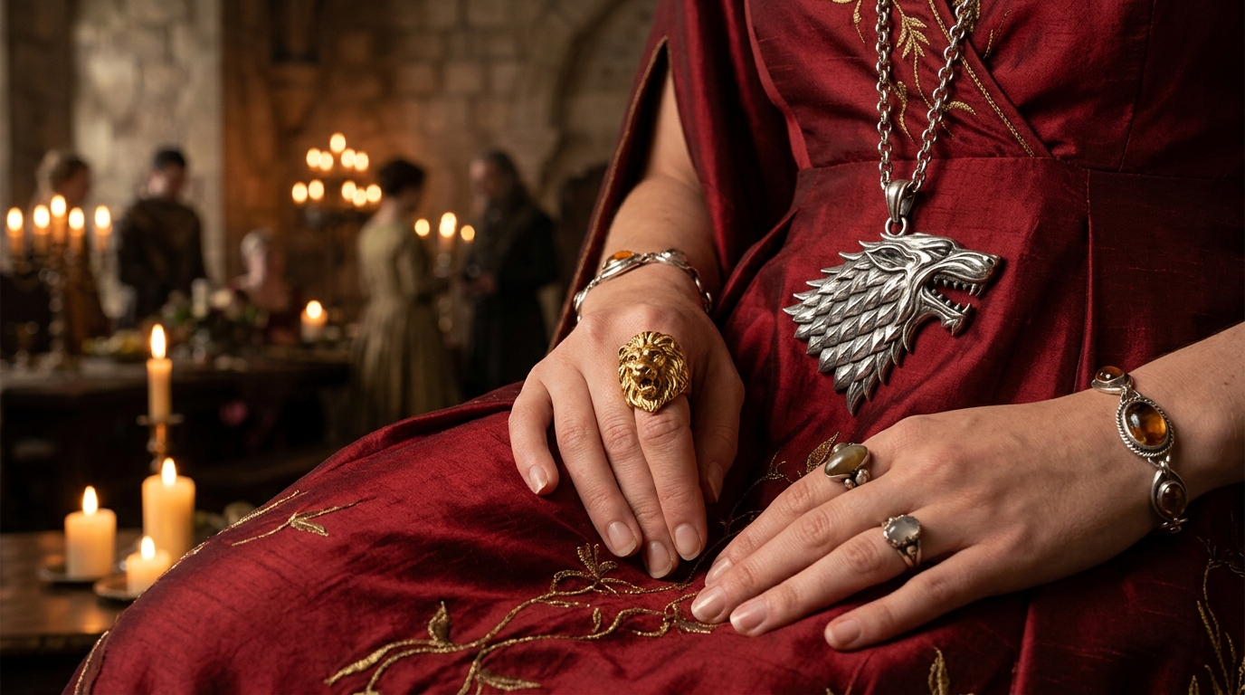 Joias inspiradas em casas, como o leão de Lannister ou o lobo de Stark.