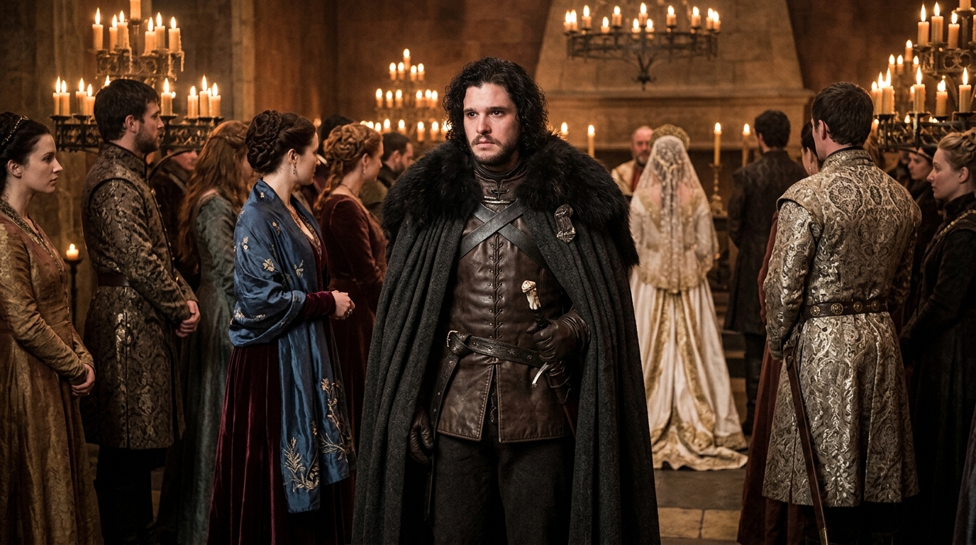 Jon Snow: Um manto escuro, camisa de couro e calças justas para um visual heroico.