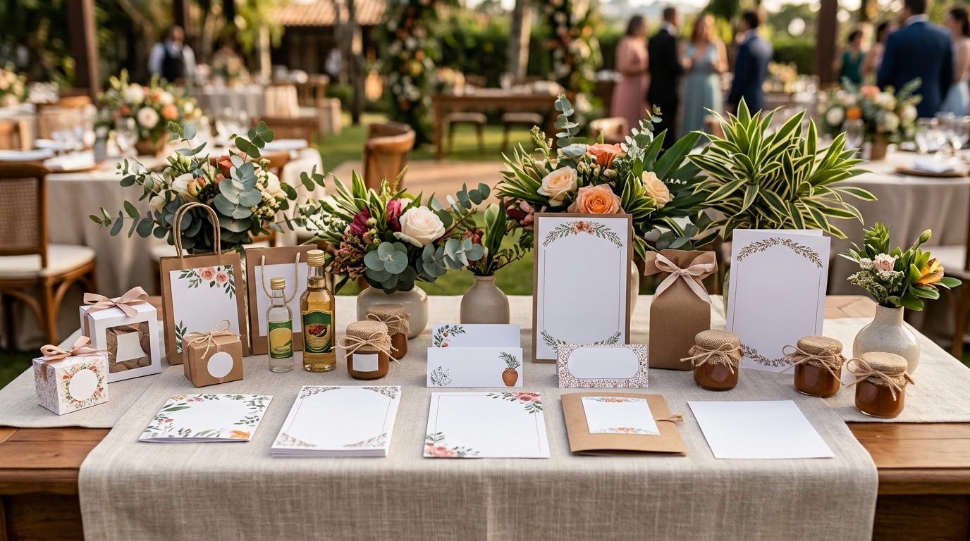 Lembrancinhas e papelaria de casamento organizadas sobre mesa