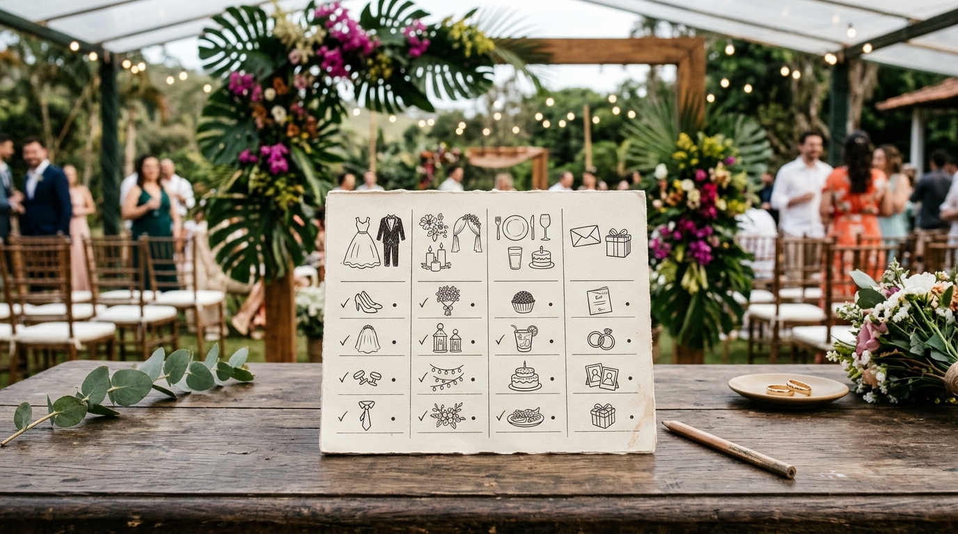 Lista de compras de casamento com itens organizados por categoria