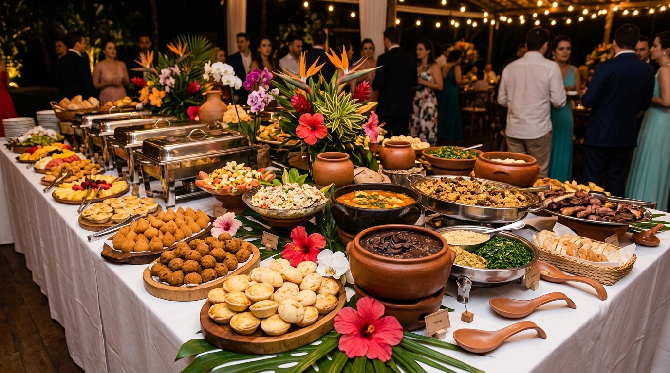 Mesa de buffet de casamento brasileiro variado