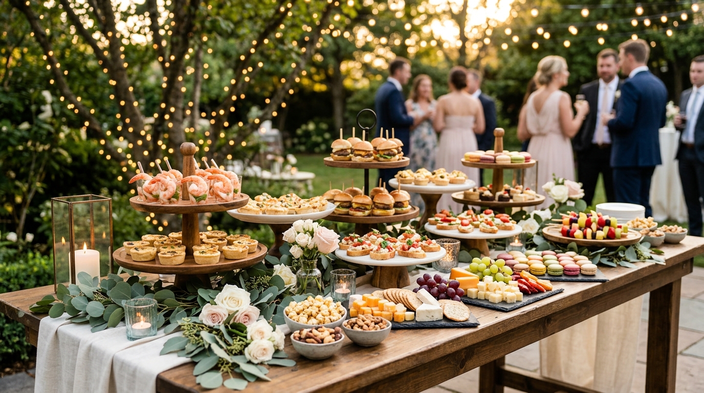 Mesa com finger foods e petiscos para festa de casamento