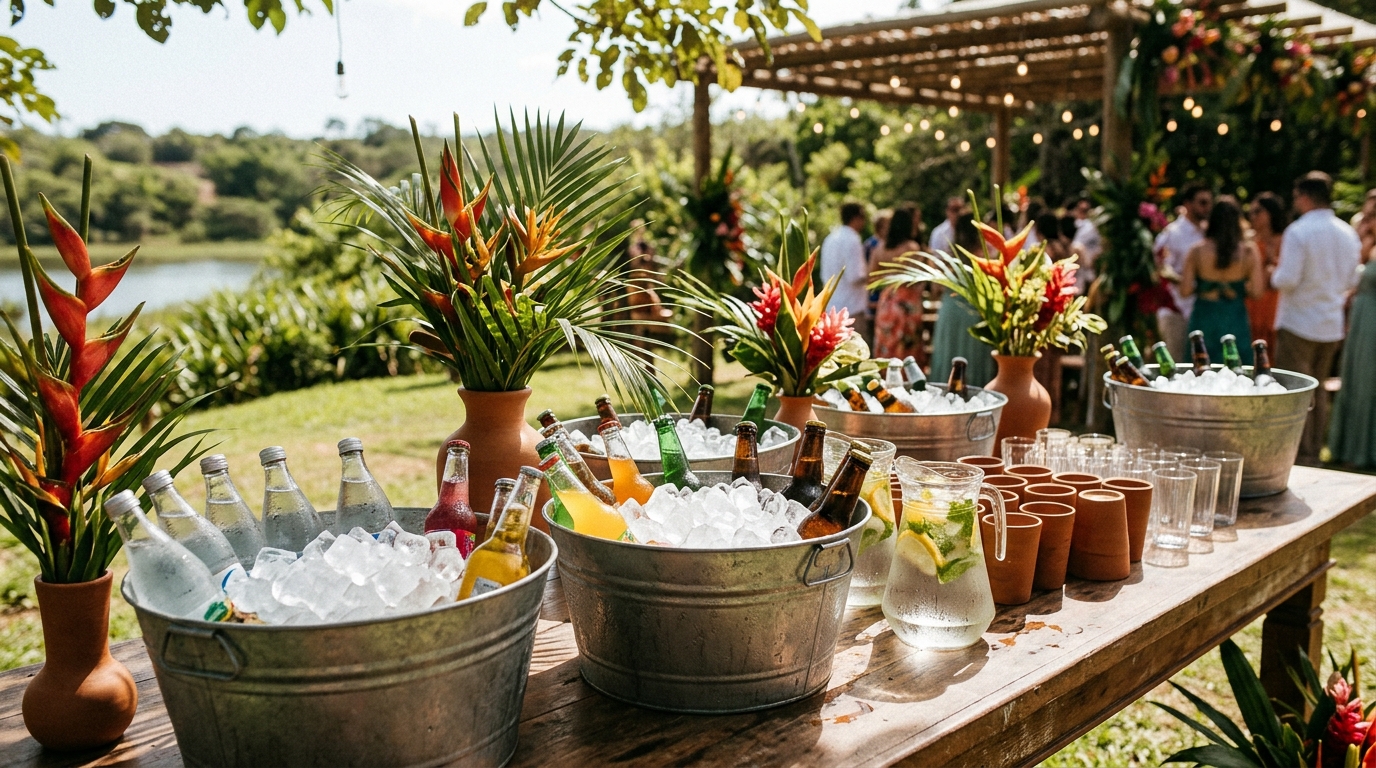 Mesa de bebidas de casamento em dia quente com garrafas geladas