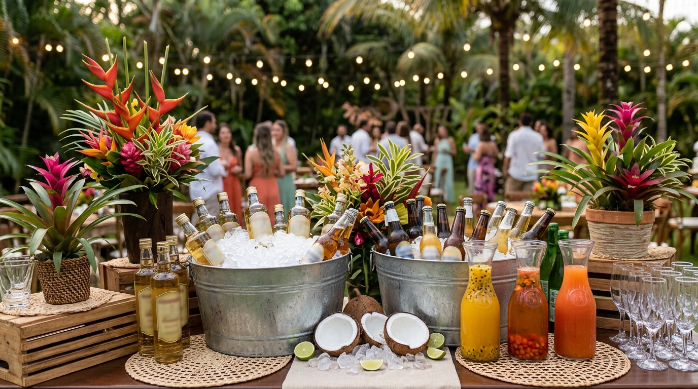 Mesa de bebidas de casamento organizada com garrafas e gelo