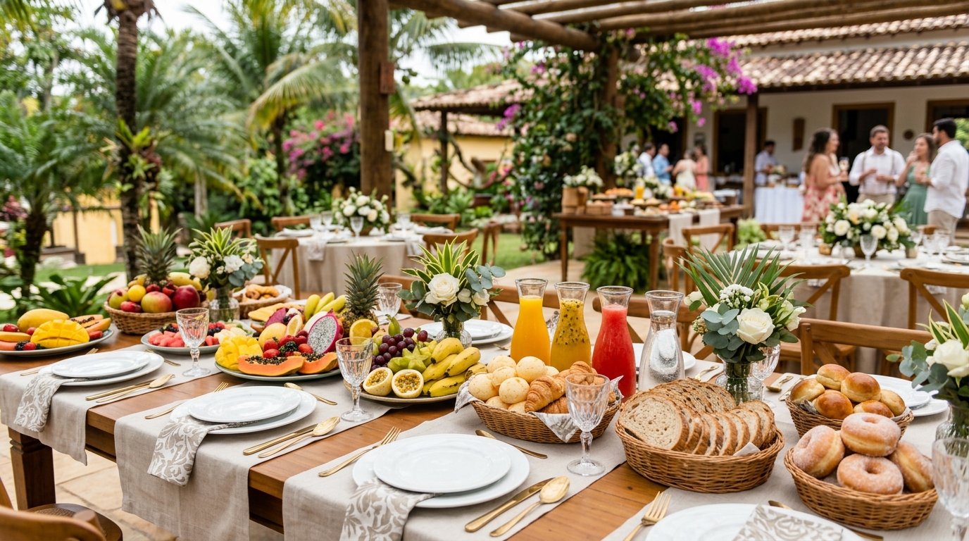 Mesa de café da manhã de casamento com frutas e pães variados