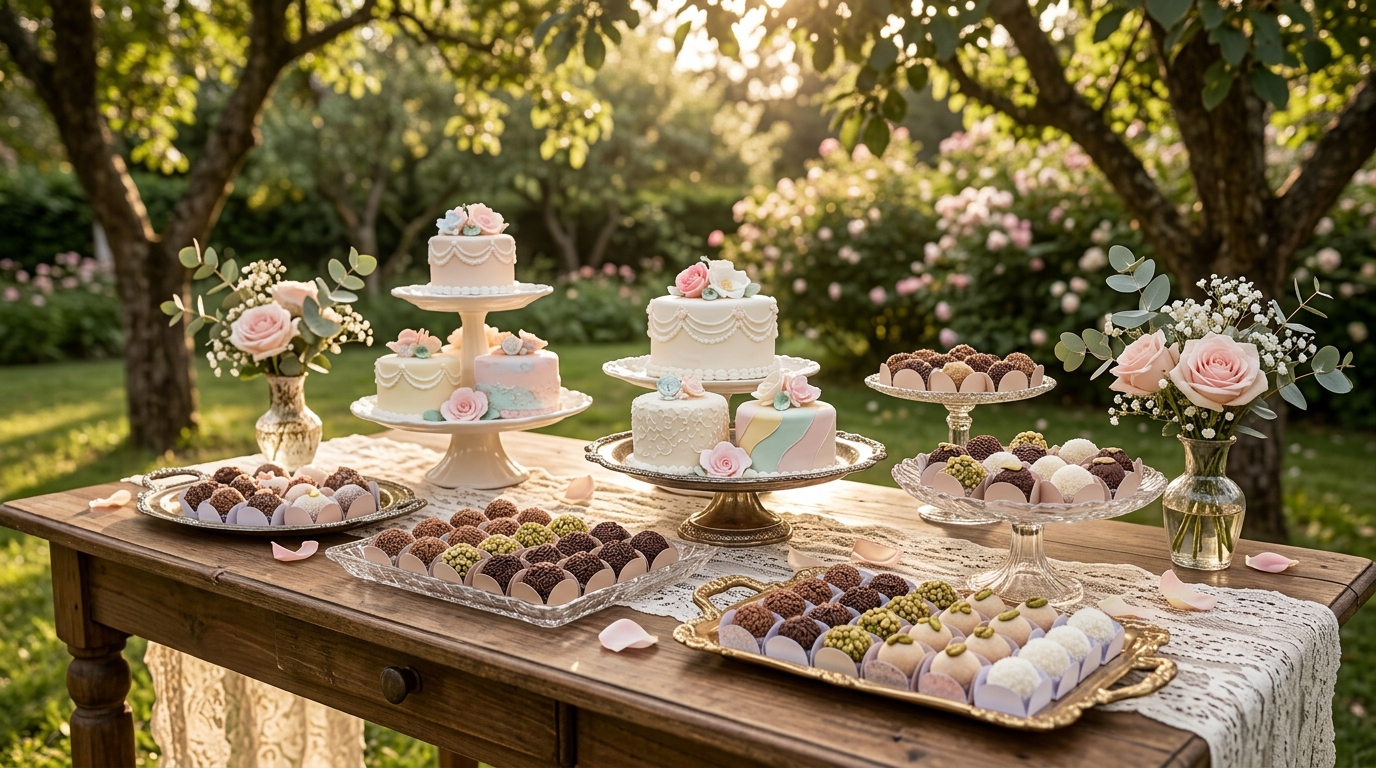 Mesa de doces com mini tortas e brigadeiros em bandejas
