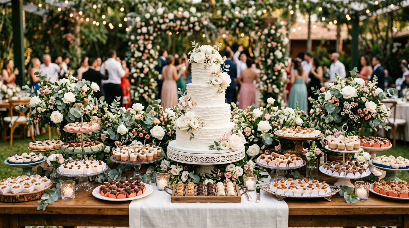 Mesa de doces de casamento com bolo e docinhos