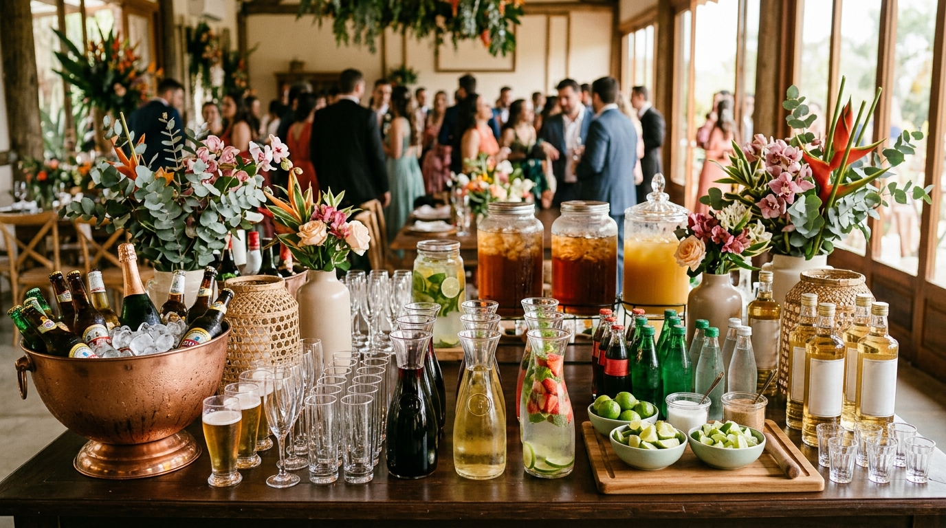 Mesa de recepção de casamento com bebidas para muitos convidados