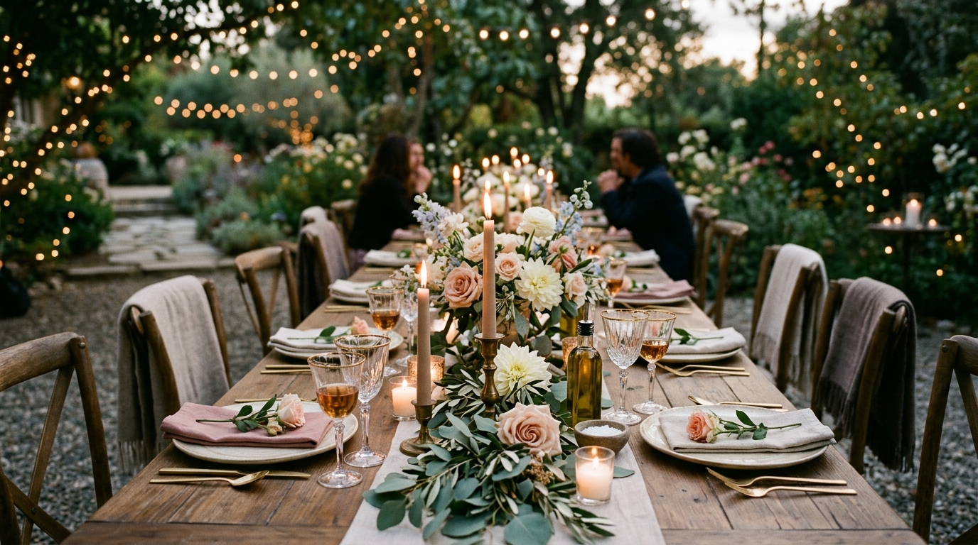 Mesa posta para jantar íntimo de casamento com velas e flores