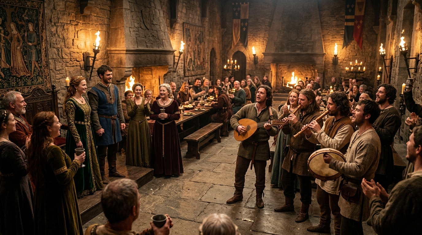 Músicas Folclóricas: Considere incluir canções de estilo medieval que se encaixem no tema, trazendo uma atmosfera autêntica.