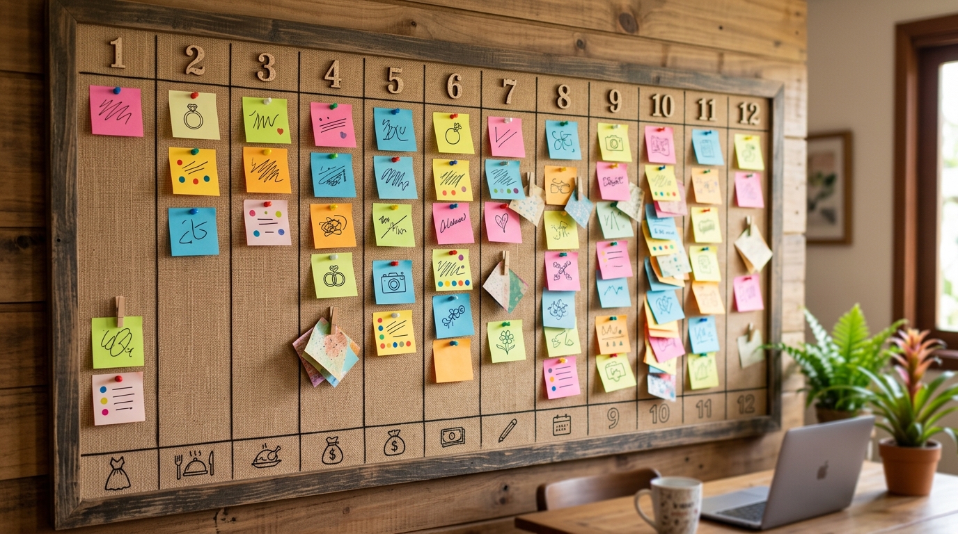 Mural com post-its e prazos de casamento organizados por mês