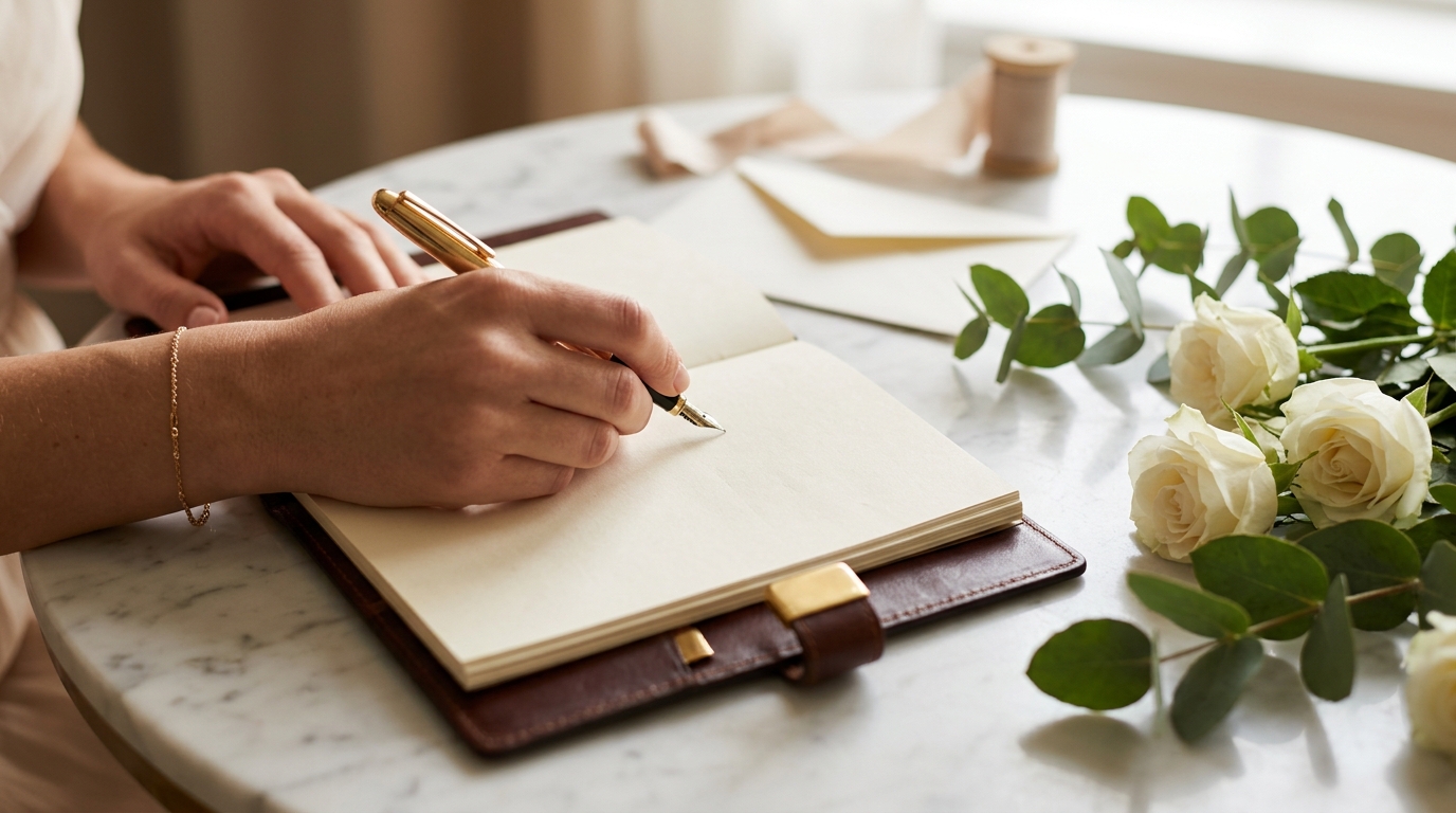 Noiva escrevendo lista de convidados de casamento em caderno elegante