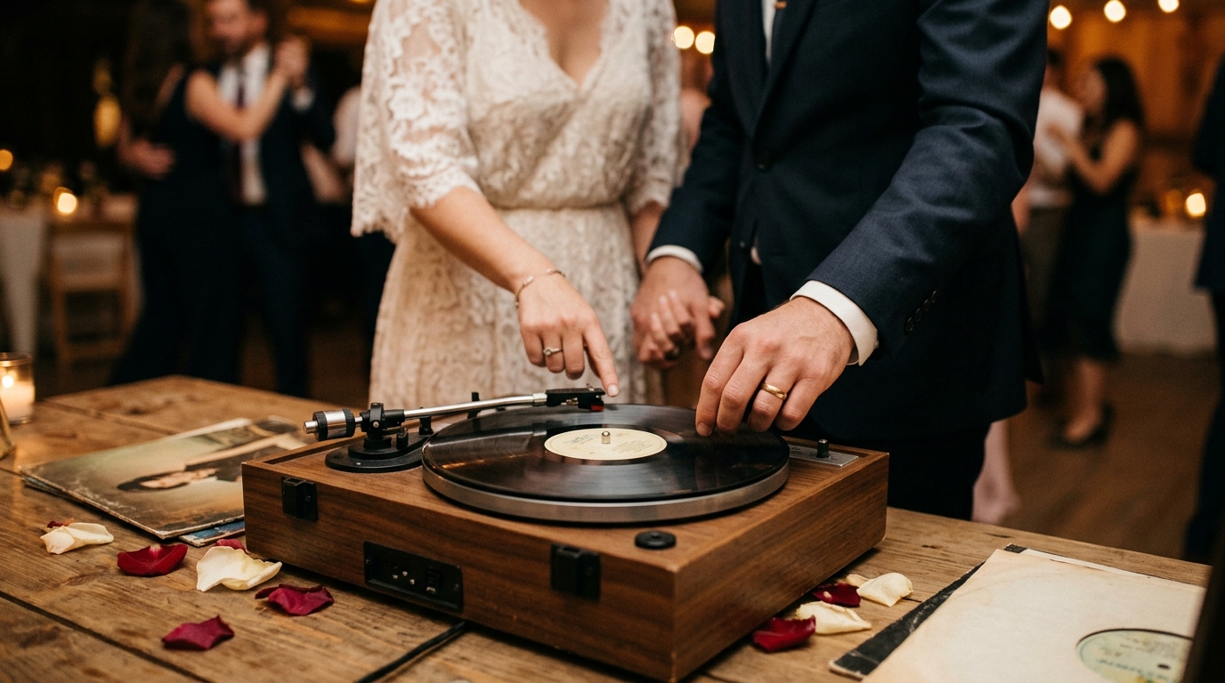 Casal de noivos escolhendo música para dança em vinil vintage