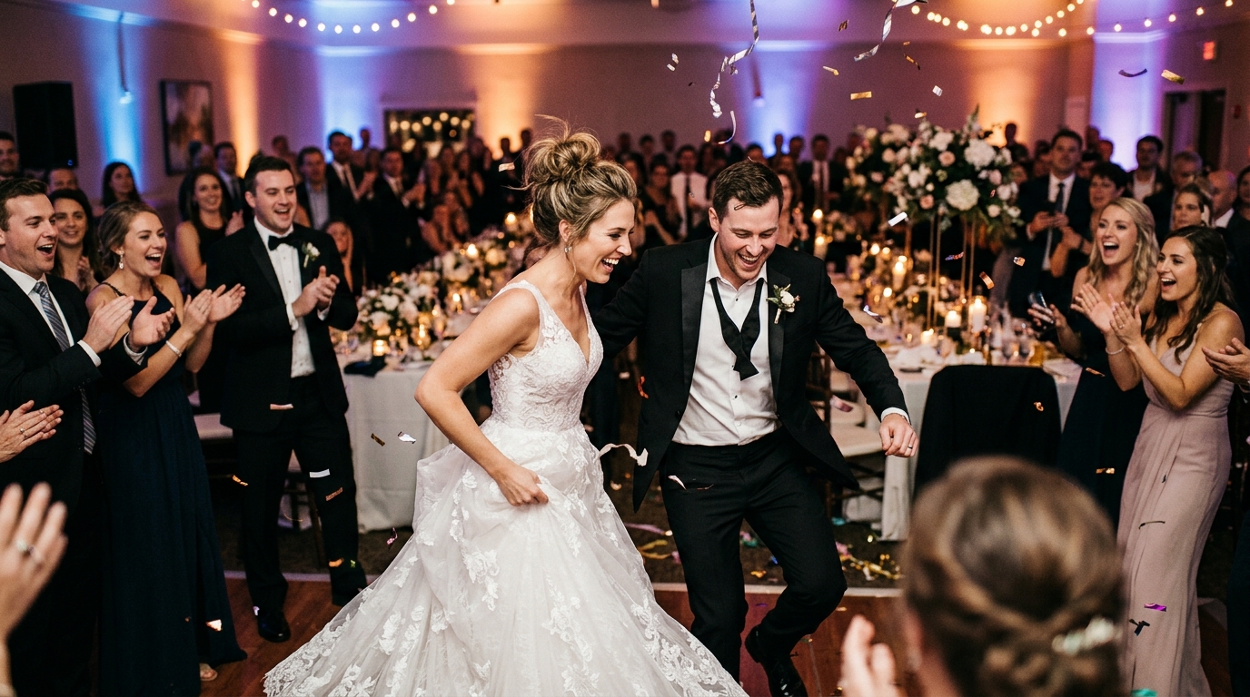 Noivos surpreendendo convidados com dança divertida no casamento