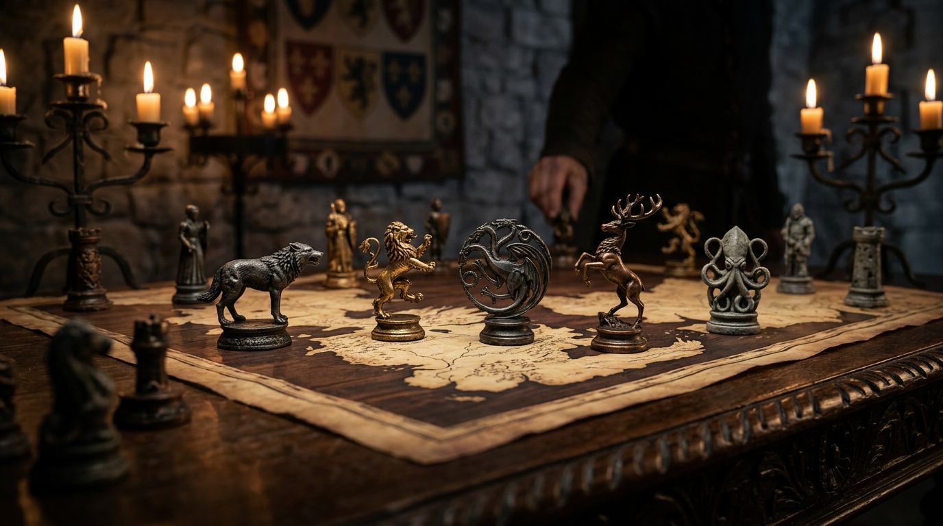 O Jogo dos Tronos: Use elementos de jogo, como tabuleiros e peças, para simbolizar a luta pelo poder entre as casas.